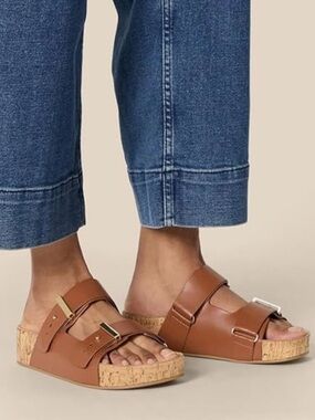 Amazon Essentials Brwn Vegan Leather Cork Slide Sandals w/ Gld Buckles Sz 7 NWOB